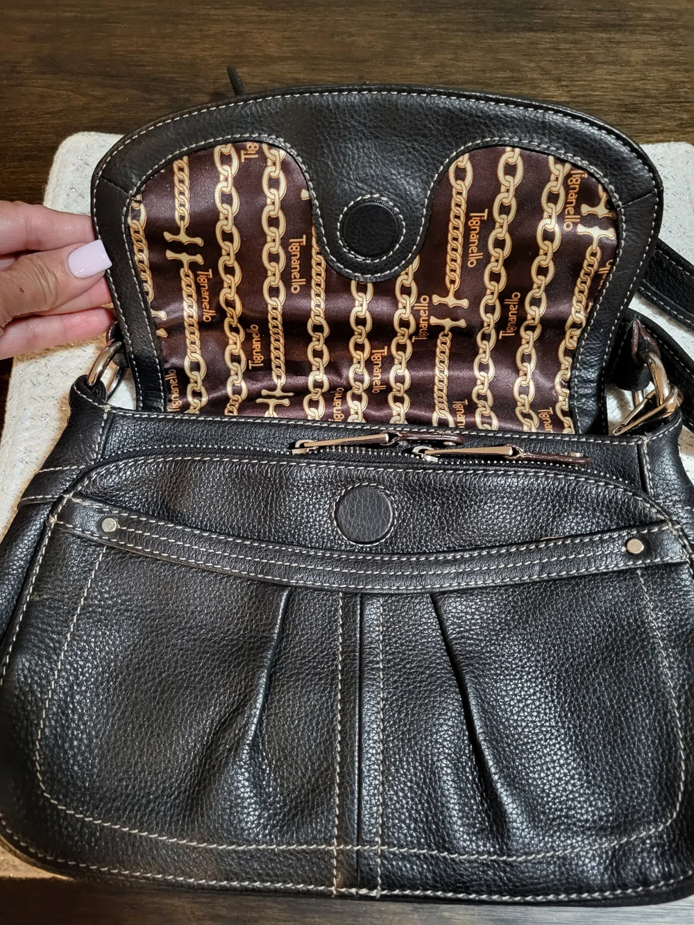 Tignanello Black Leather Crossbody with Gold Hardware